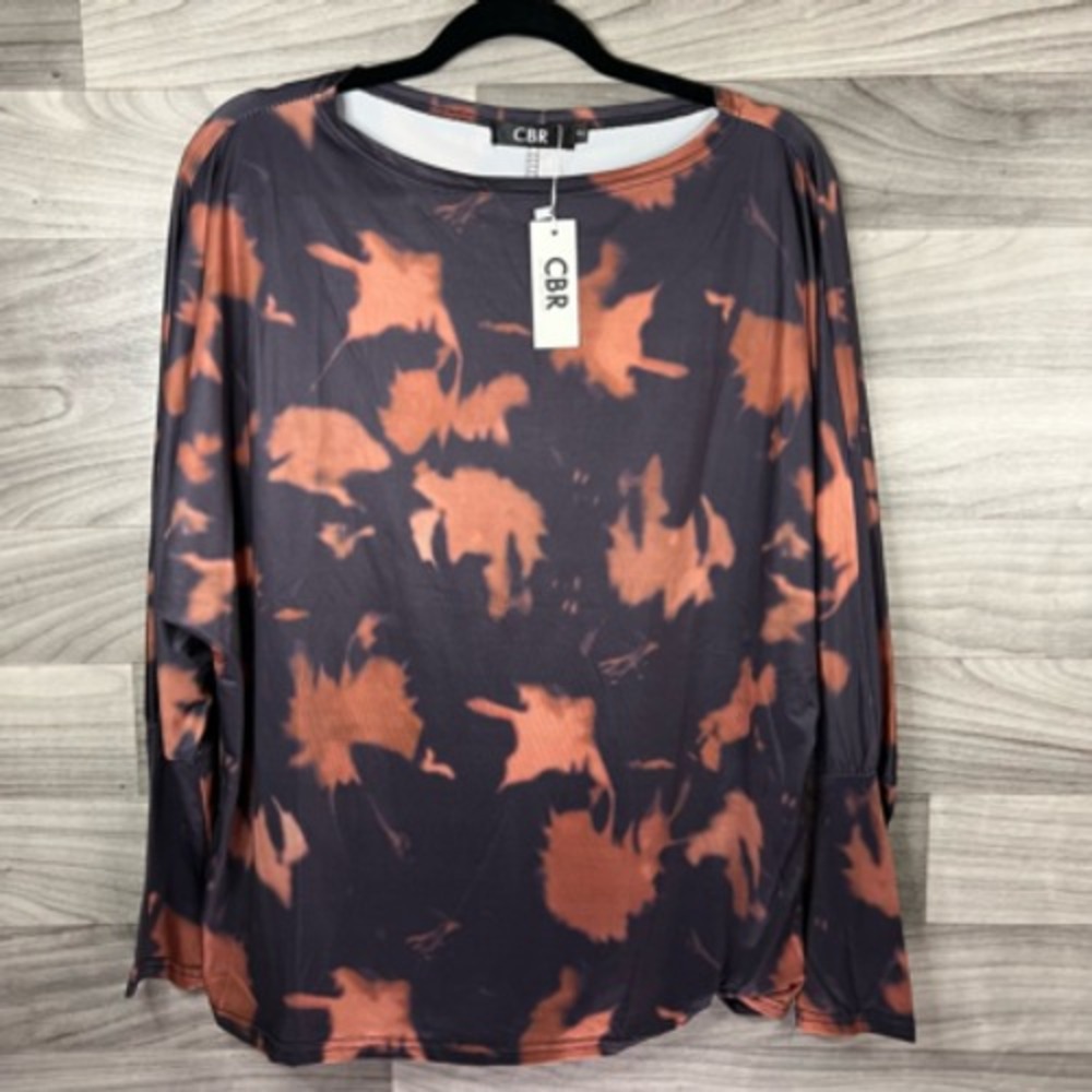 Cbr Womens Blouse Black Orange Abstract Long Sleeve Scoop Neck S New